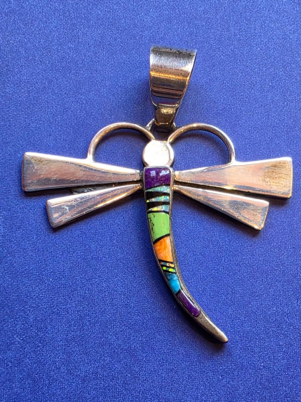 Calvin Begay Native American Sterling Silver Inlaid Dragonfly Pendant